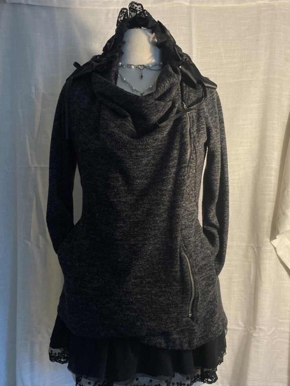 Sweet Rain | Charcoal asymetrical long sleeve top with zipper ♠︎
